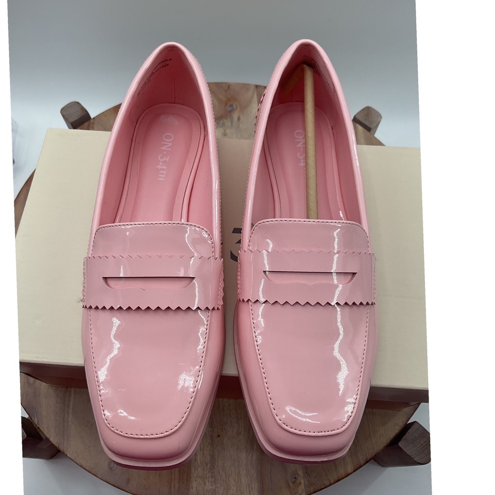 On 34th Charlotteep Rose Pink Patent Penny Loafers Square Toe Flat Shoes